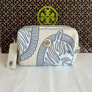 Tory Burch Virginia Printed Large Cosmetic Case Bag Blue Zebra Gold Blue Cream